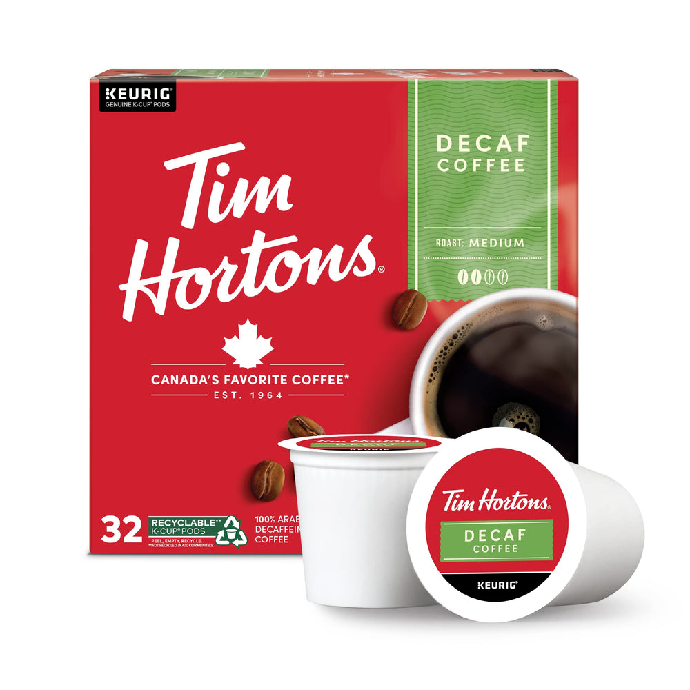 Tim Hortons decaf medium-roast K-Cup pod front view for quick, balanced brews