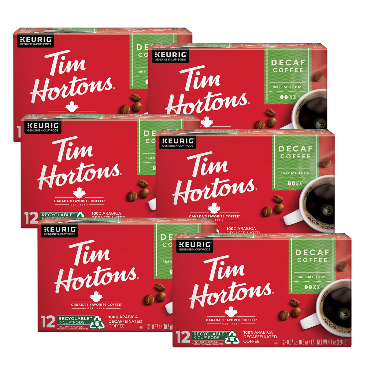 Tim Hortons decaf medium roast K-Cup pod in red packaging for Keurig brewers.