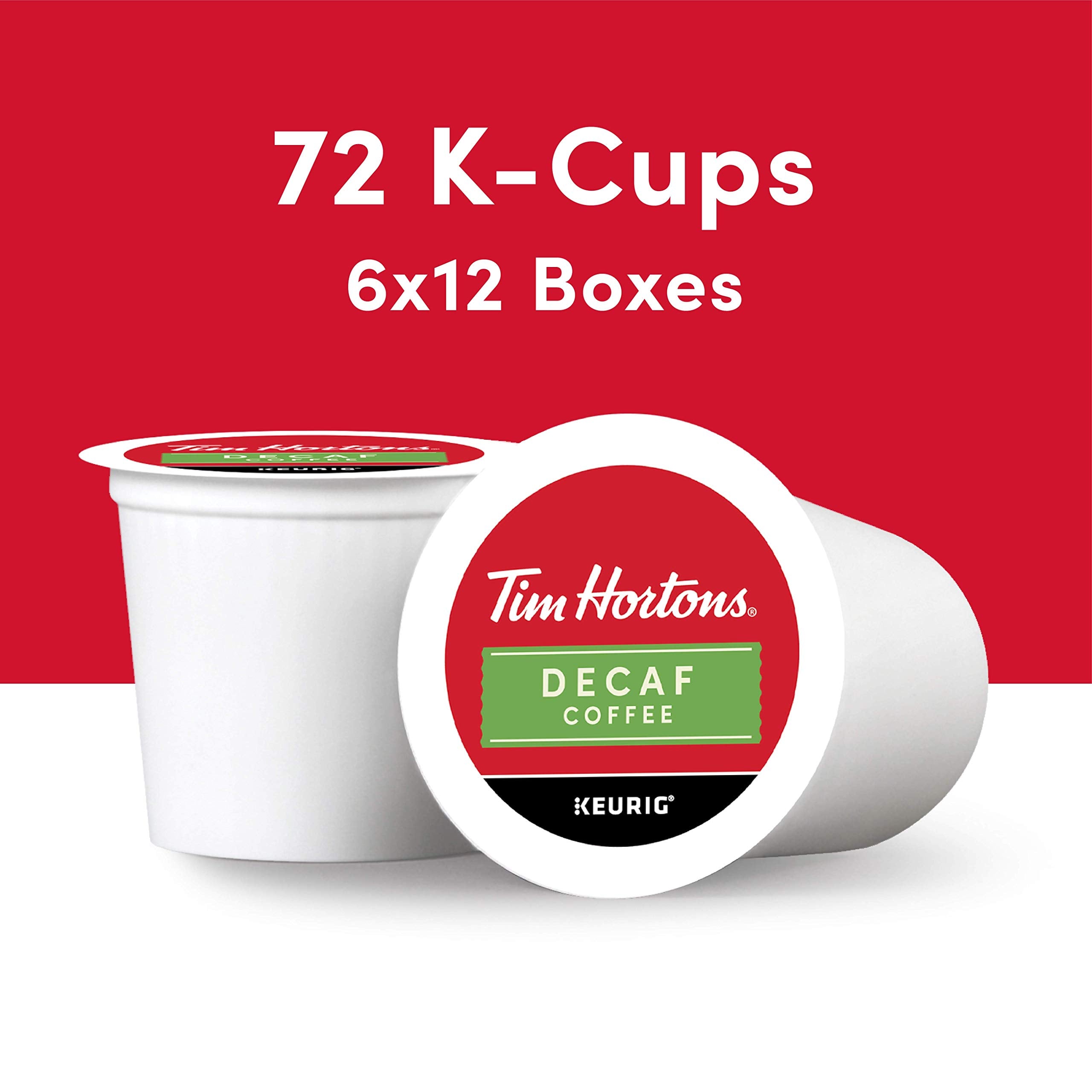 Tim Hortons decaf medium roast pod in red pack, ideal for quick morning cups.