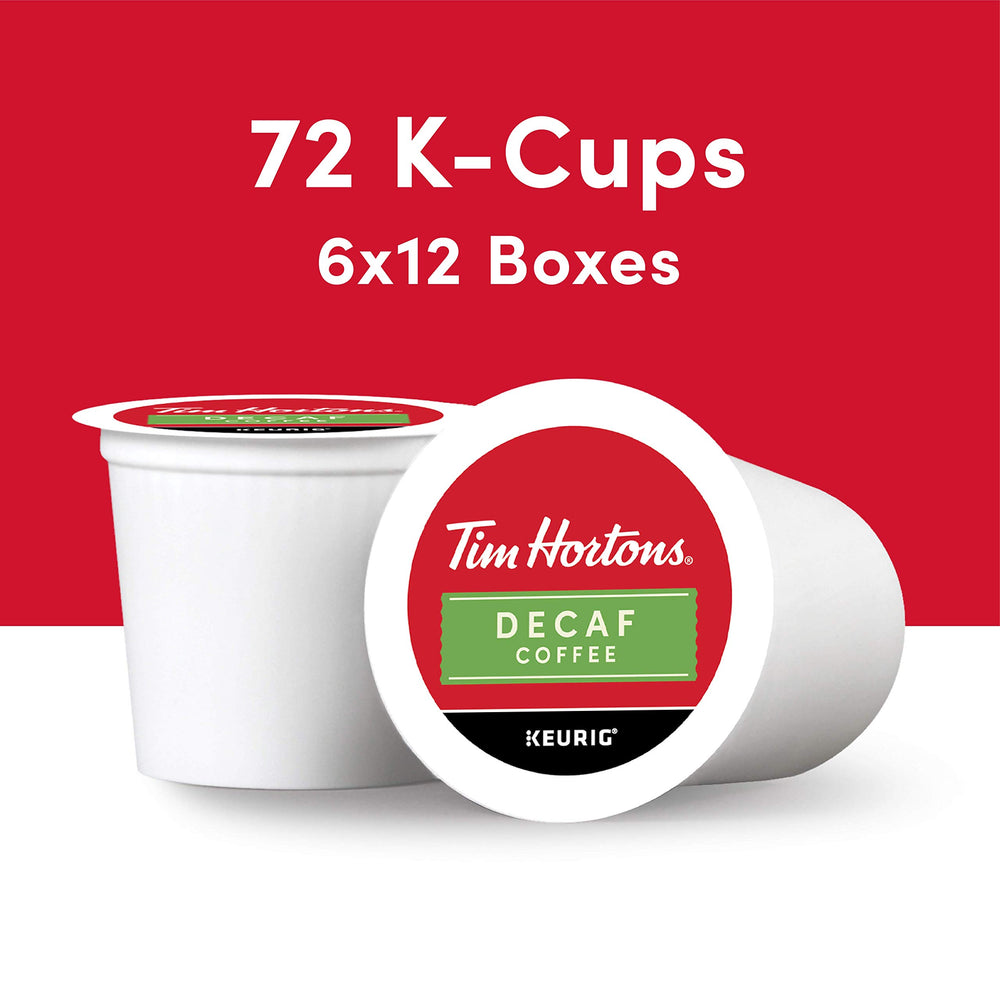Tim Hortons decaf medium roast pod in red pack, ideal for quick morning cups.