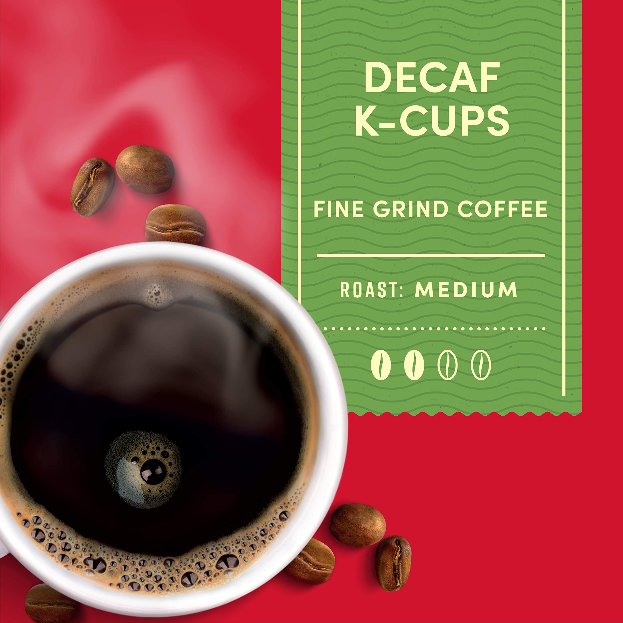 Tim Hortons decaf K-Cup pod in red, consistent flavor for home brewing.