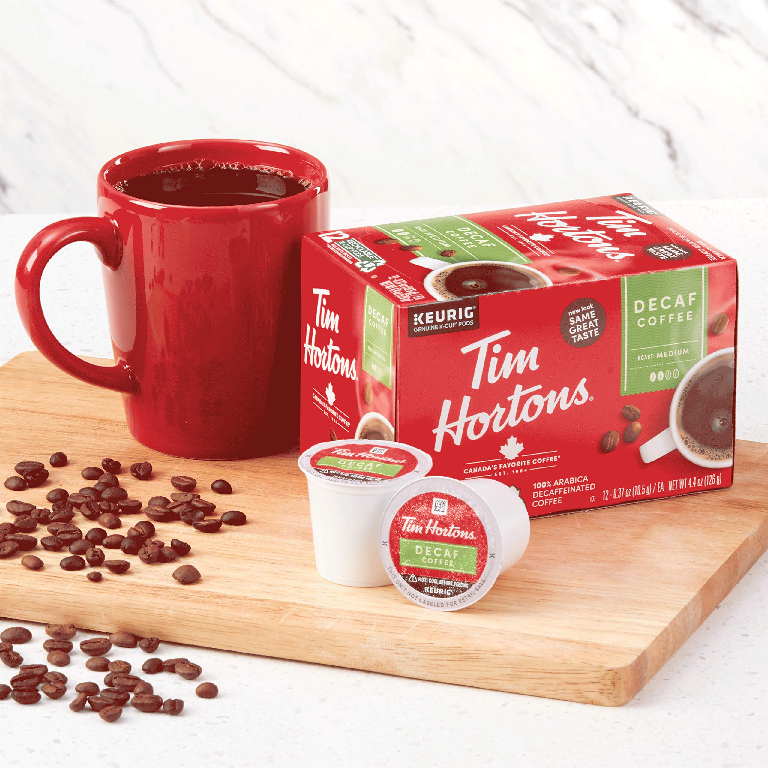 Tim Hortons decaf medium roast pods twelve-count per box six-box set.