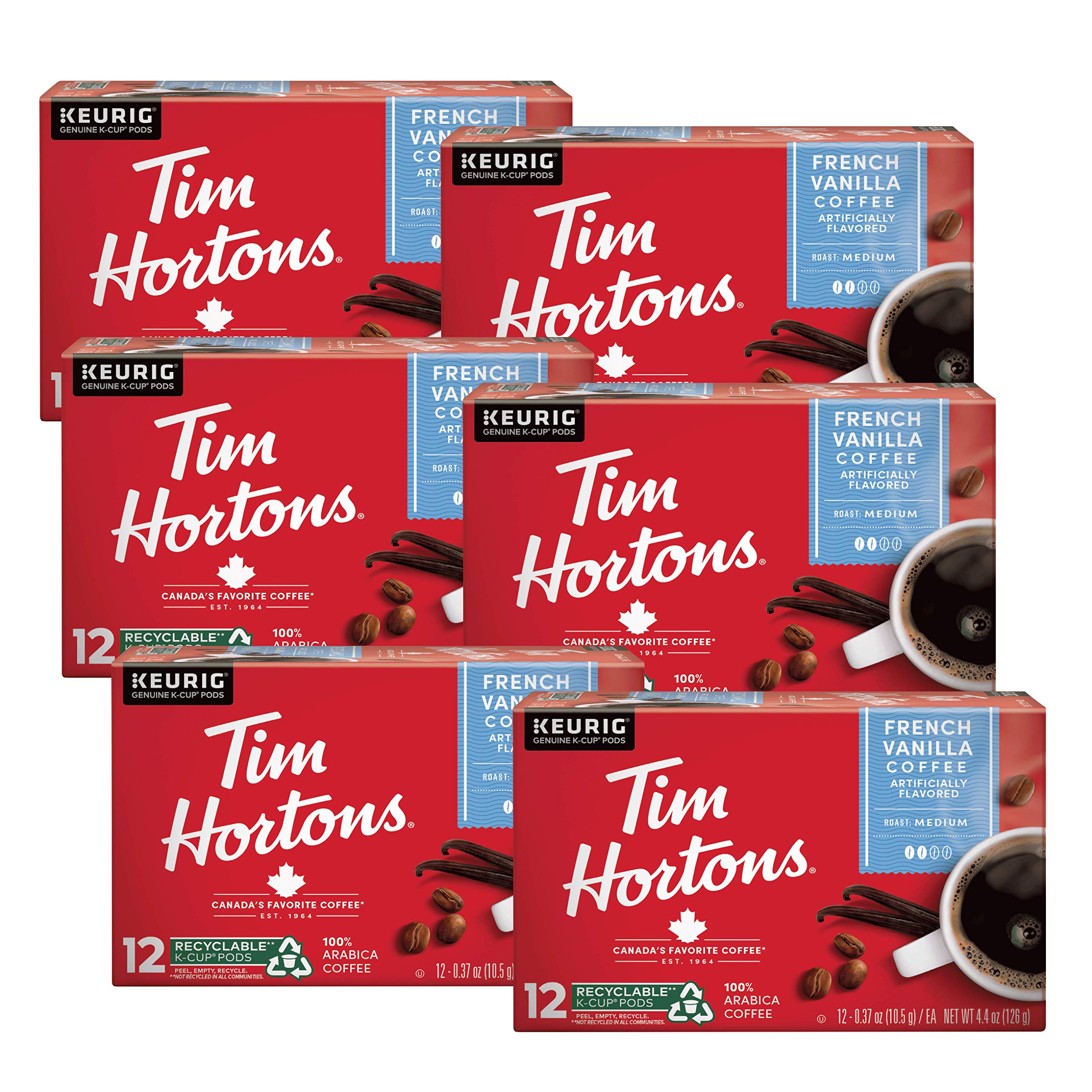 Tim Hortons French Vanilla K-Cup in bold red packaging for quick coffee moments