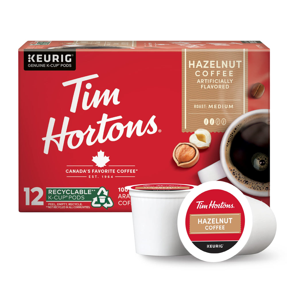 Tim Hortons Hazelnut Flavored K-Cup pod in red, ready for Keurig brewing
