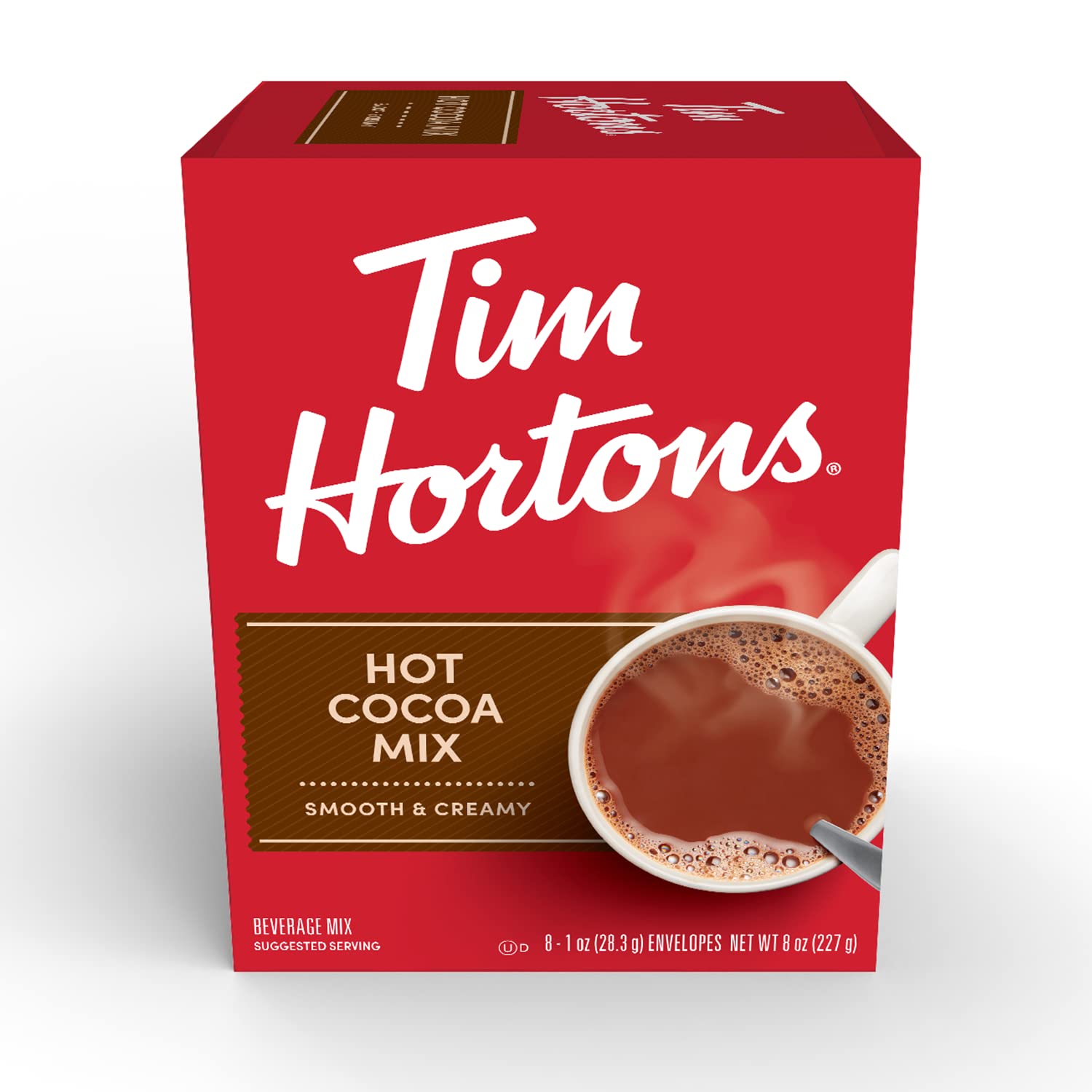 Tim Hortons hot cocoa mix packets eight count, perfect for quick cozy drinks at home.