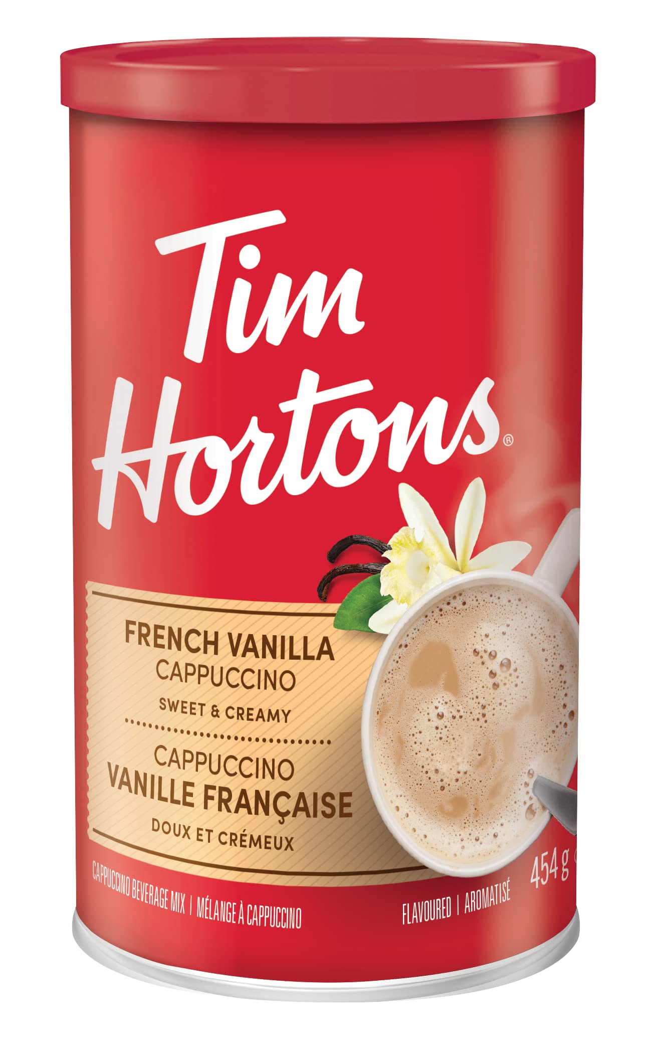 Tim Hortons instant cappuccino French Vanilla 16-ounce can for home brewing.