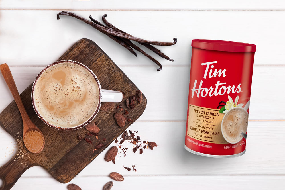 Tim Hortons cappuccino served in a mug, cozy moment.