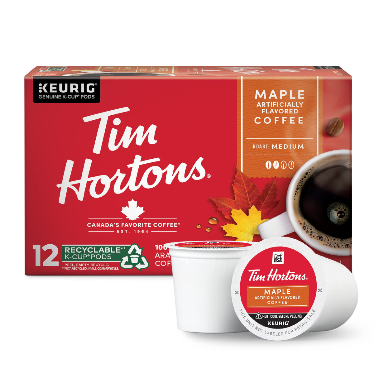 Tim Hortons maple flavor coffee pods in a red 12-count pack for cozy mornings