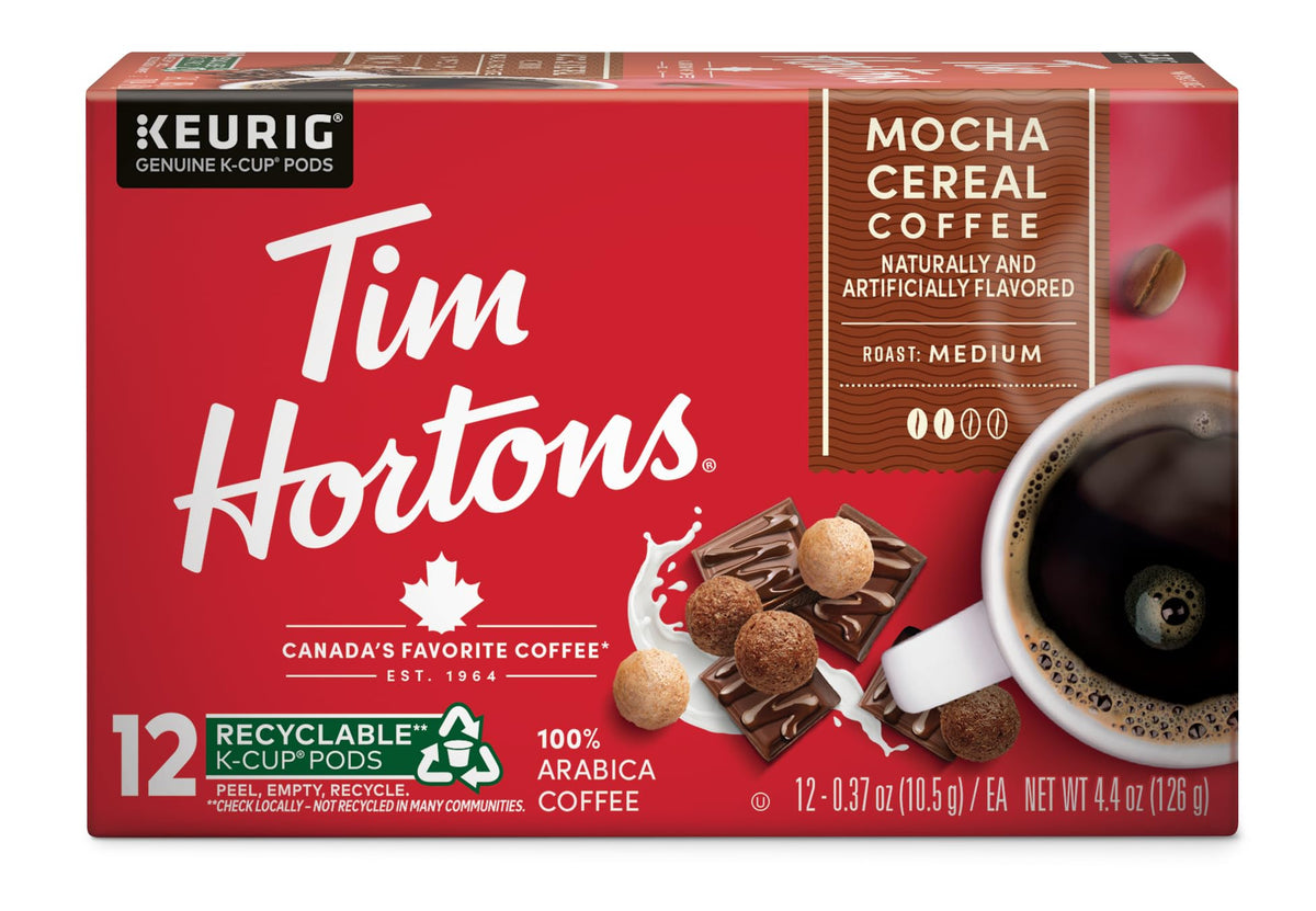 Tim Hortons Mocha Cereal K-Cups packaging for convenient at-home brewing.