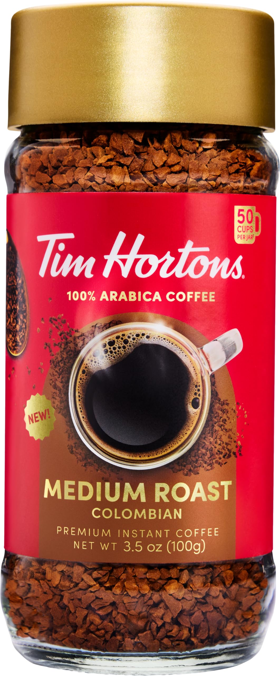 Tim Hortons Original Blend instant jar showcasing 100% Arabica for a smooth, balanced cup
