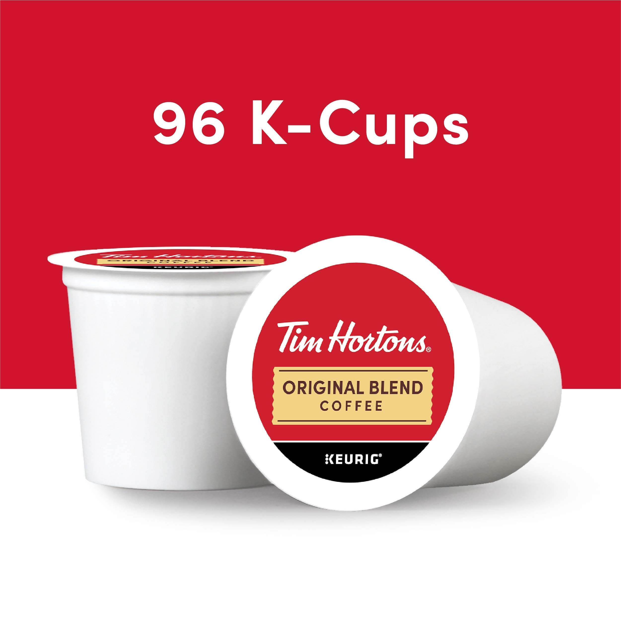 K-Cup pod of Tim Hortons Original Blend in Keurig brewer for a quick cup