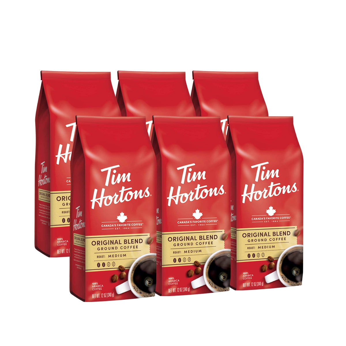 Tim Hortons Original Blend medium roast package, ideal for home brewing