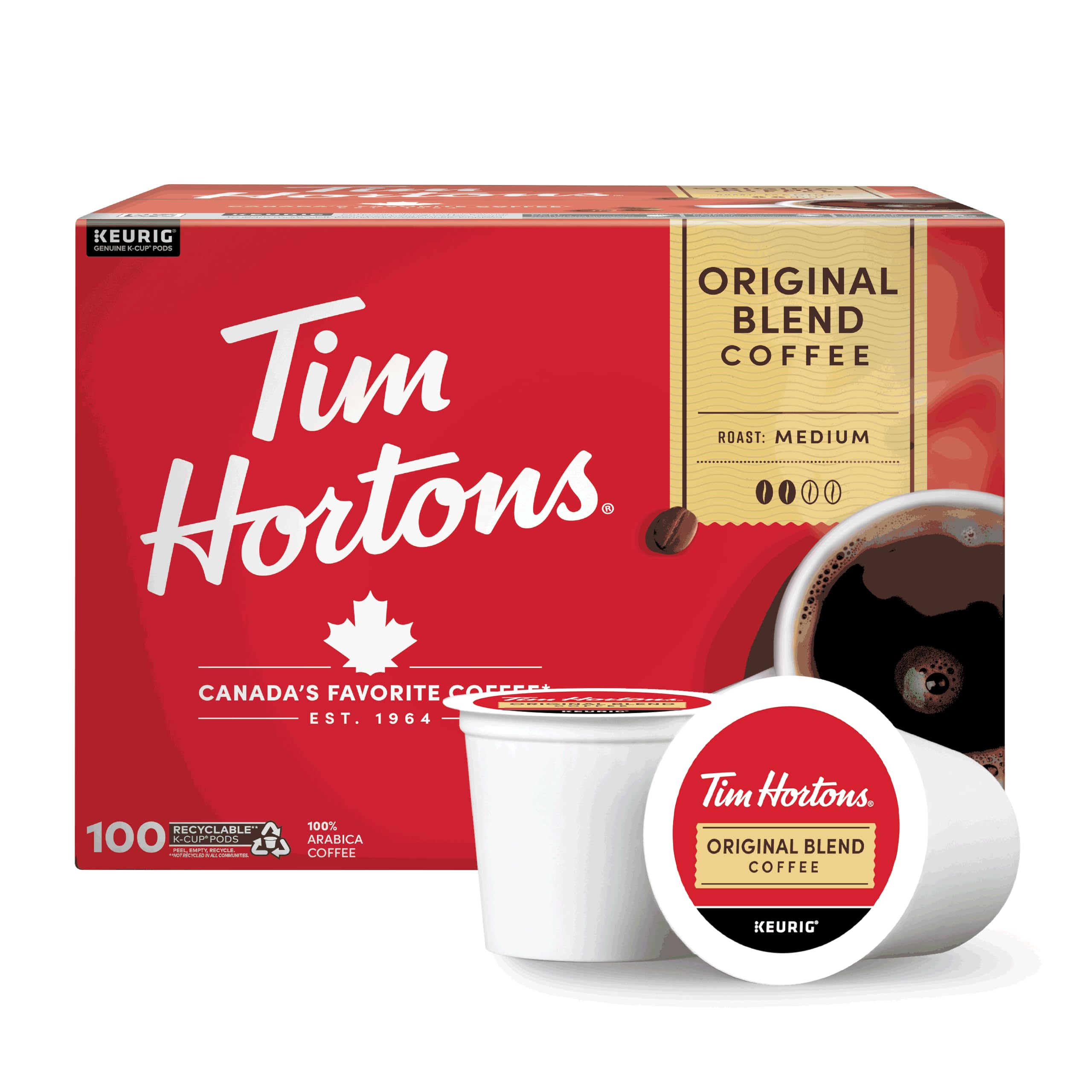 Tim Hortons Original Blend medium roast K-Cup pod for a balanced, smooth cup.