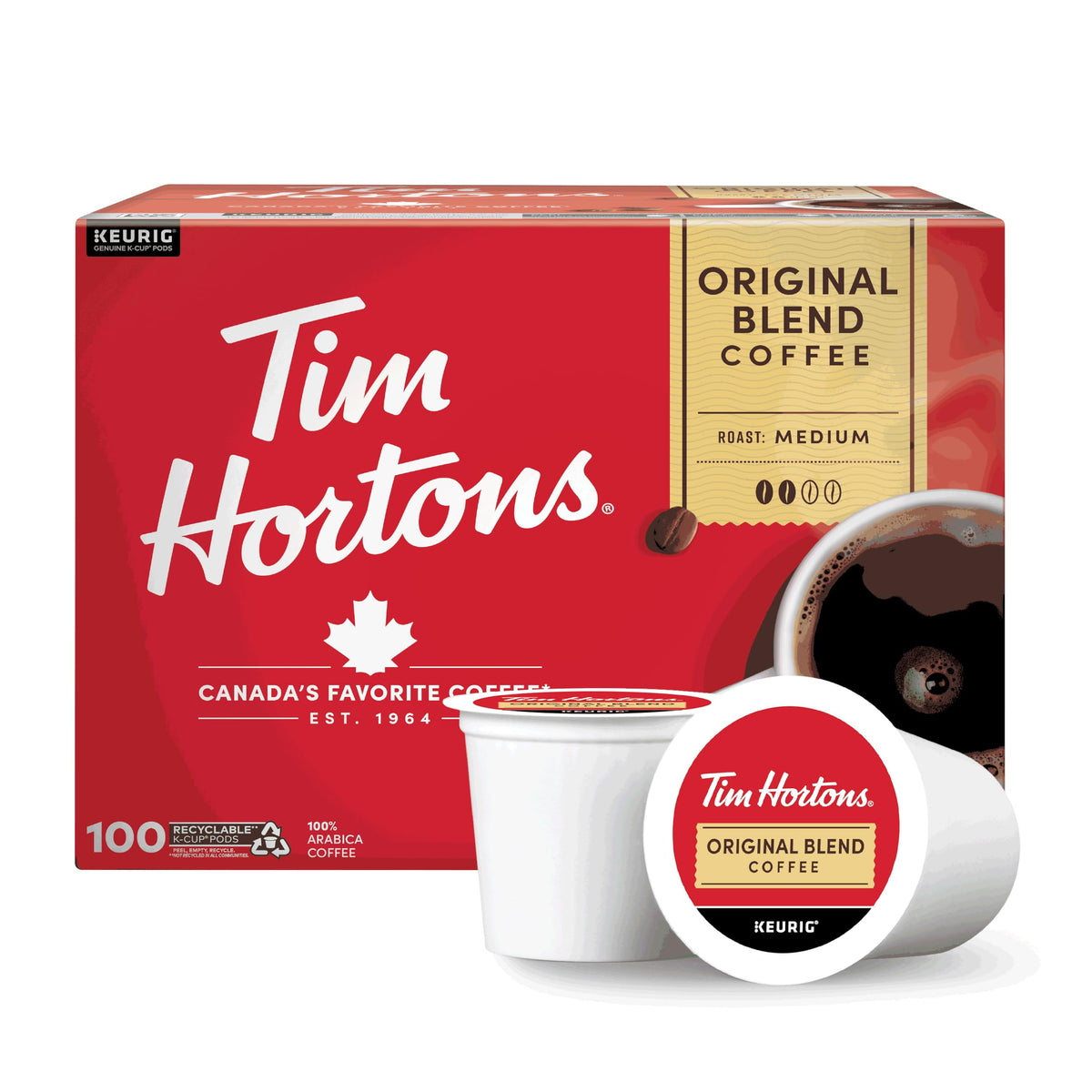 Tim Hortons Original Blend medium roast K-Cup pod for a balanced, smooth cup.