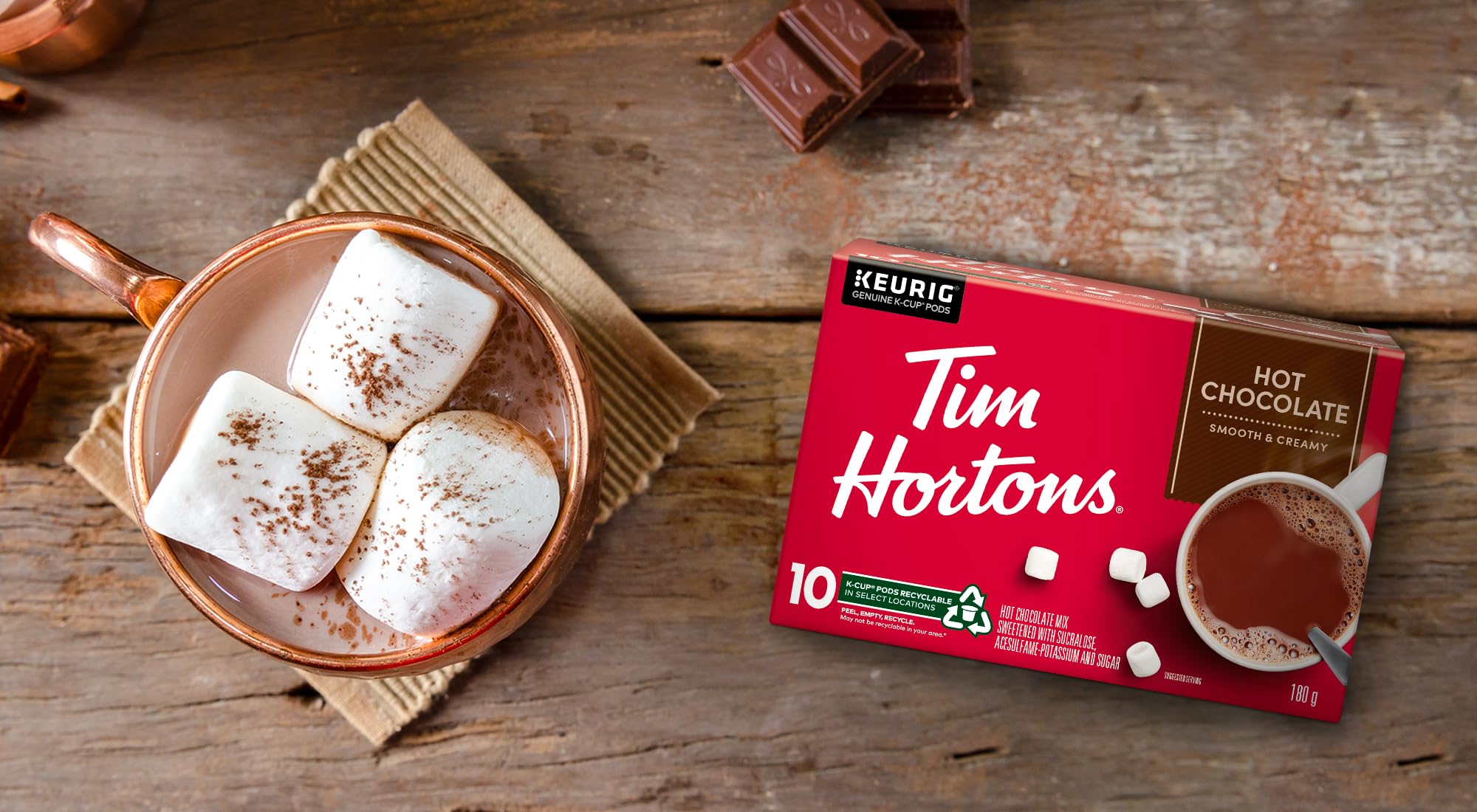 Tim Hortons packaging on a tidy kitchen counter beside a mug.