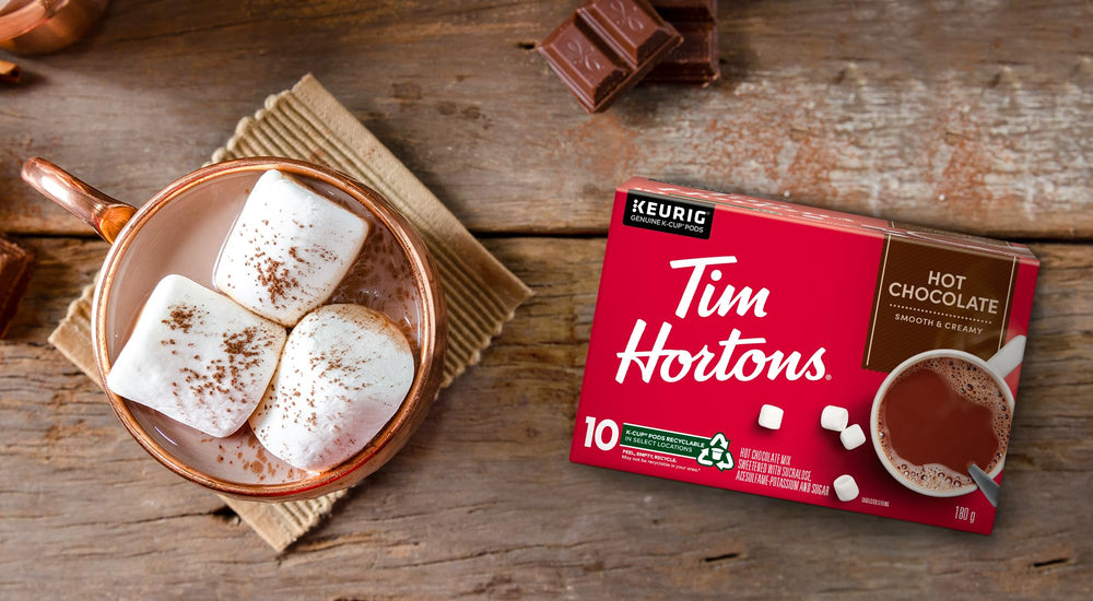 Tim Hortons packaging on a tidy kitchen counter beside a mug.