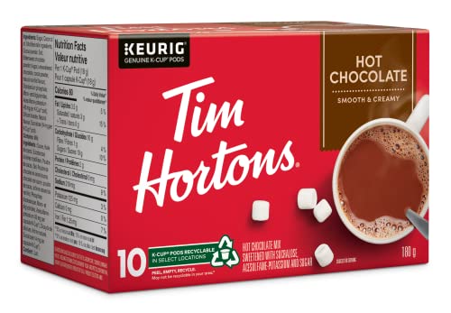 Store display of Tim Hortons hot chocolate pods on a shelf.