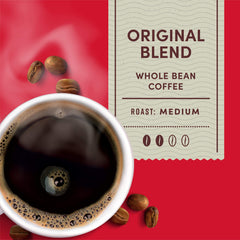 Tim Hortons Whole Bean Original close-up shows high-quality Arabica beans for a smooth cup