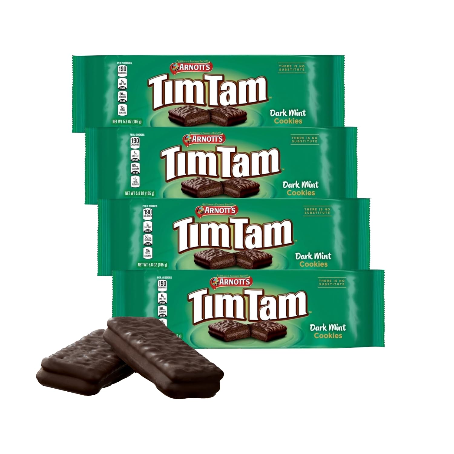Tim Tam dark mint pack front shows premium cookies for sharing indulgence.