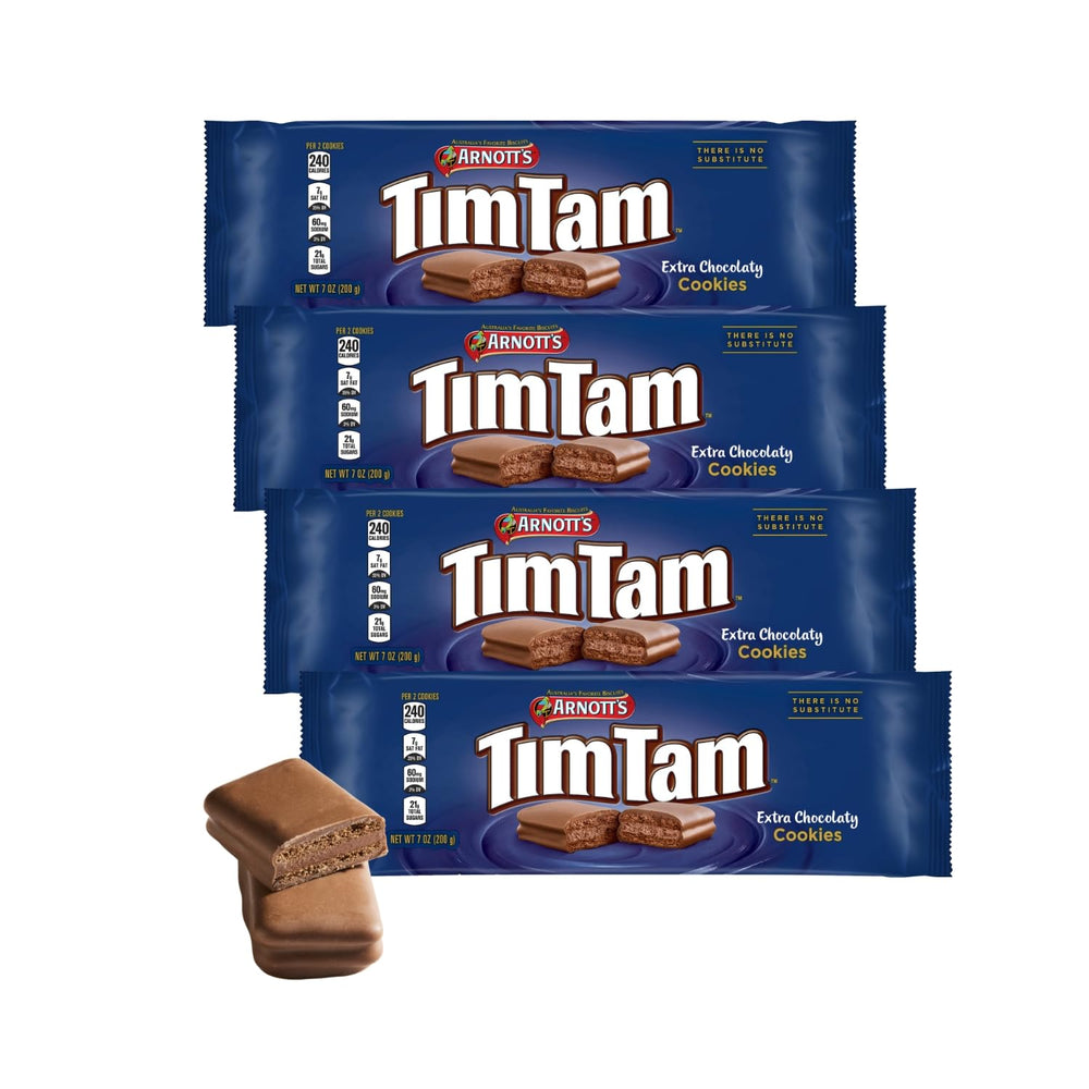 Tim Tam Extra Chocolatey coating cookies in a 4-pack, ideal for indulgent tea breaks.