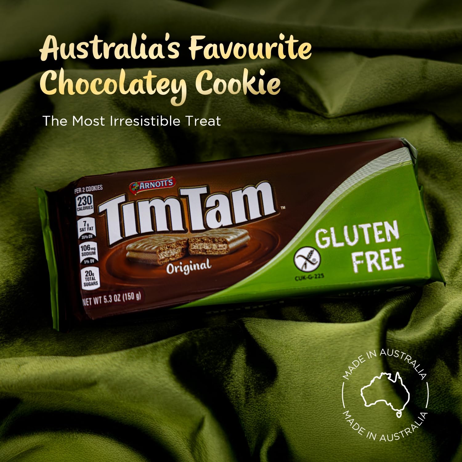 Tim Tam gluten-free Original cookies chocolate coating closeup highlights rich finish.