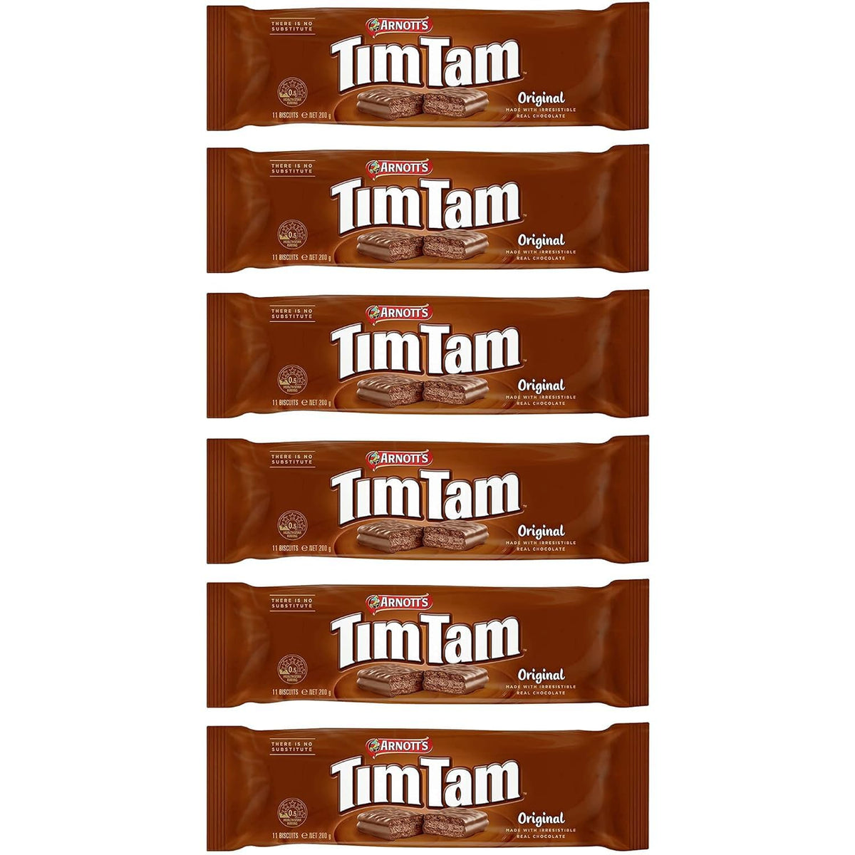 Tim Tam Original chocolate biscuits in a 6-pack for convenient sharing.