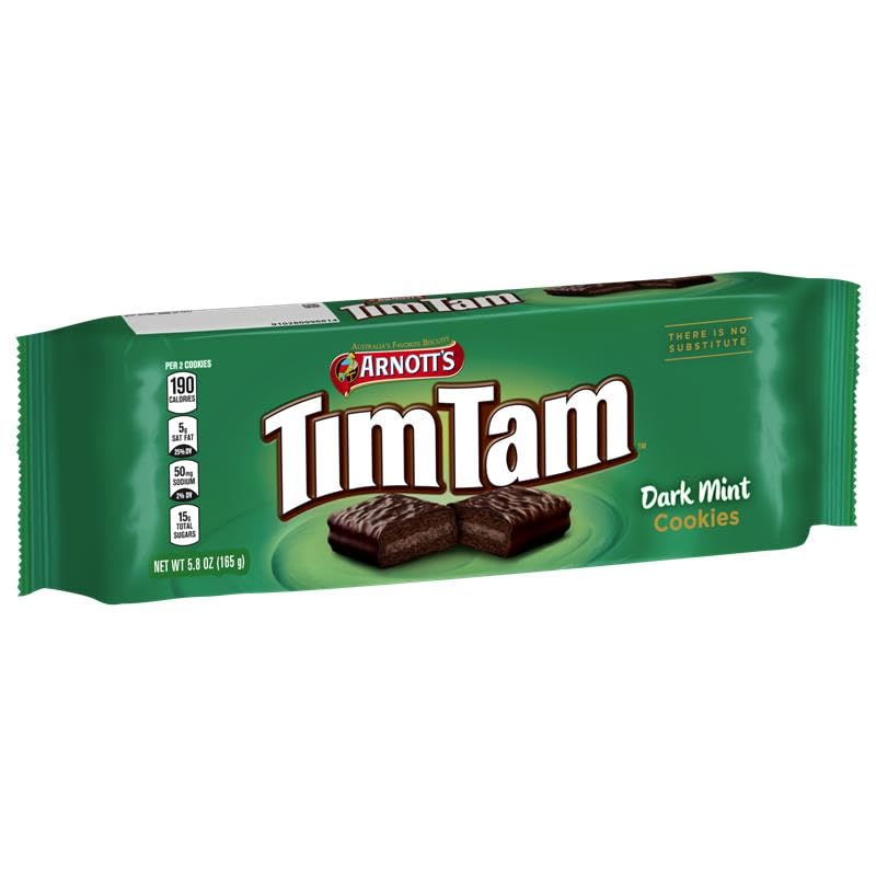 Tim Tam three-layers cross-section shows cookies, cream, and dark coating for rich chocolate experience.