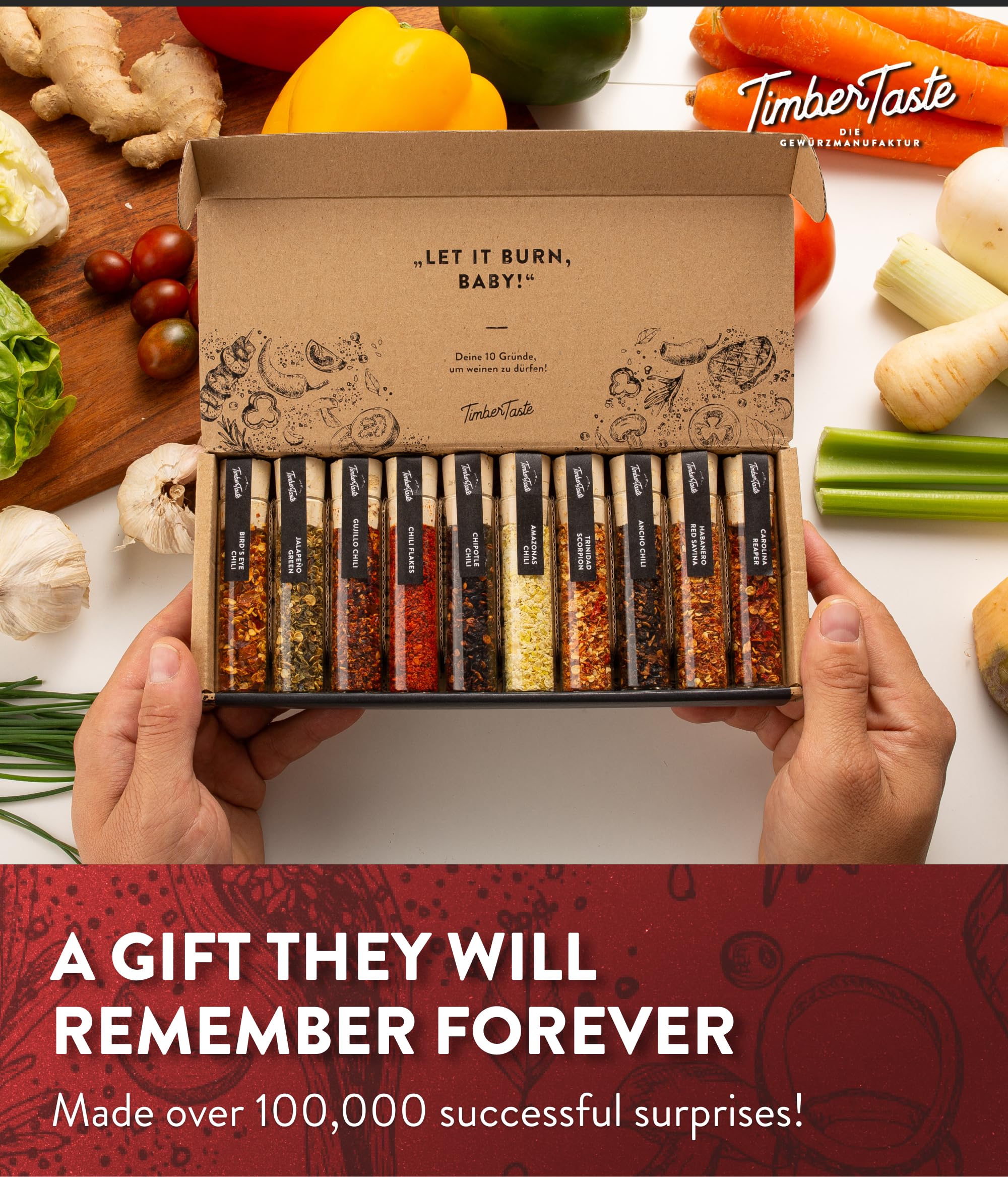 Timber Taste spice variety display highlights ten exotic peppers for adventurous cooking