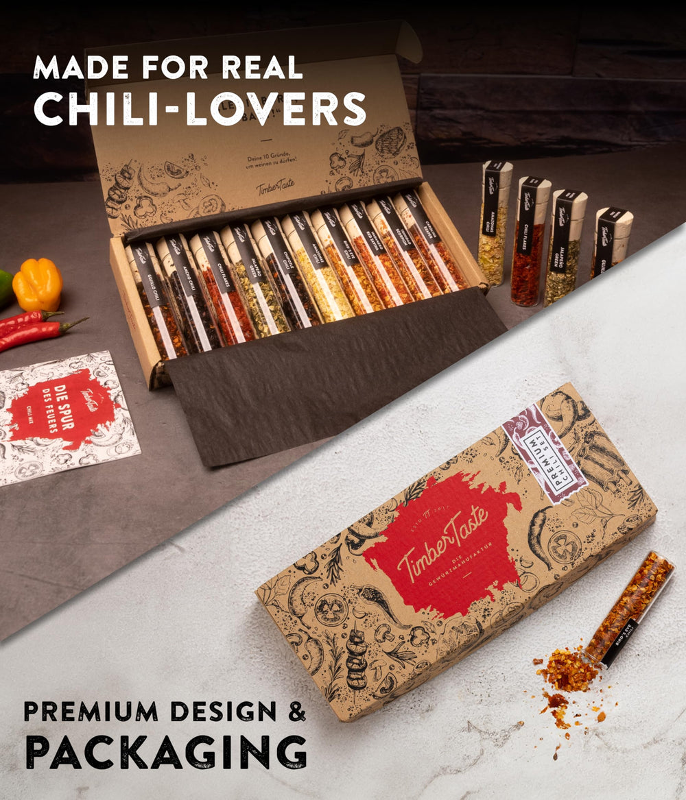 Timber Taste ten pepper varieties spread across a premium box for flavor exploration