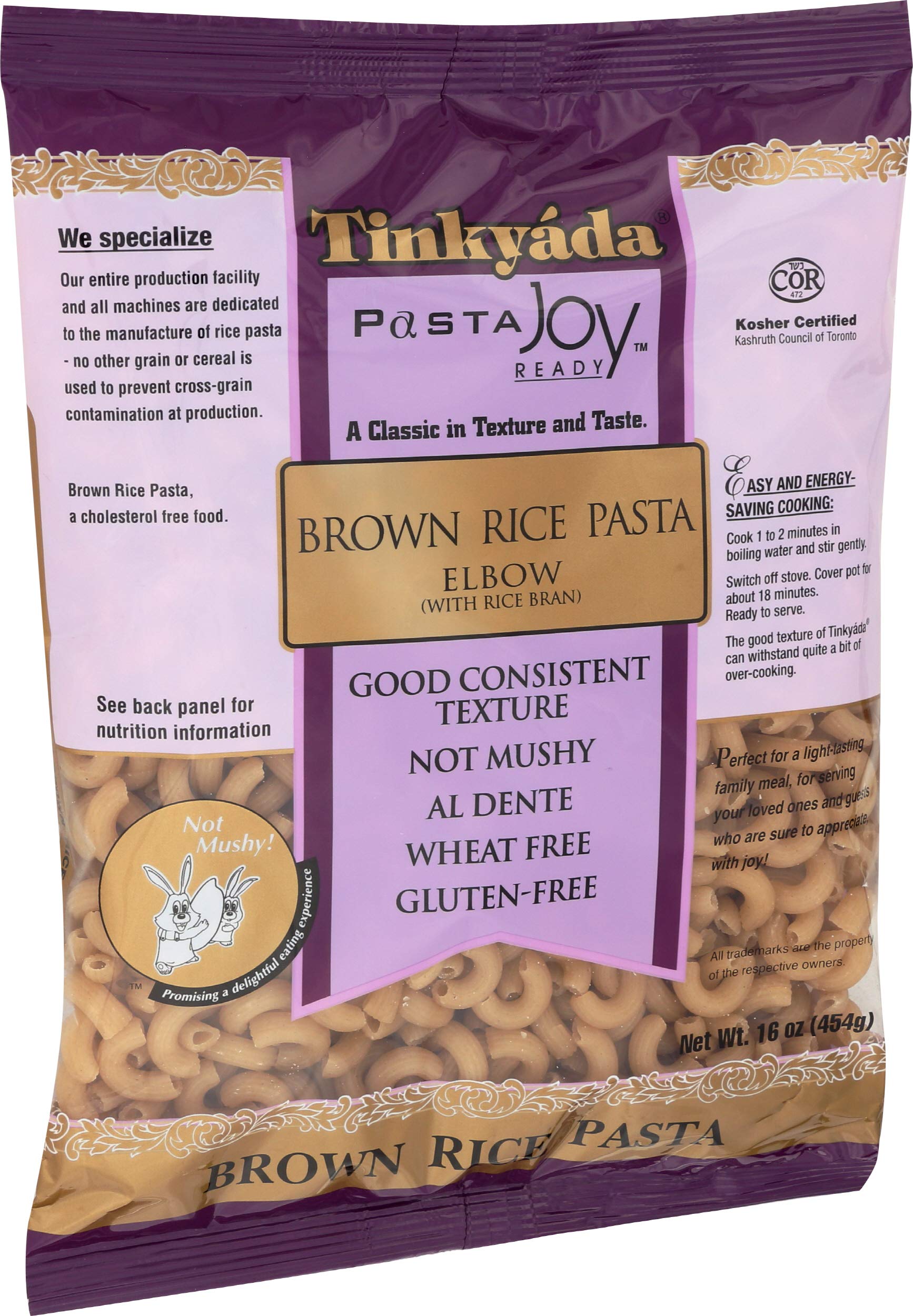 Tinkyada brown rice elbow pasta Canadian origin label.