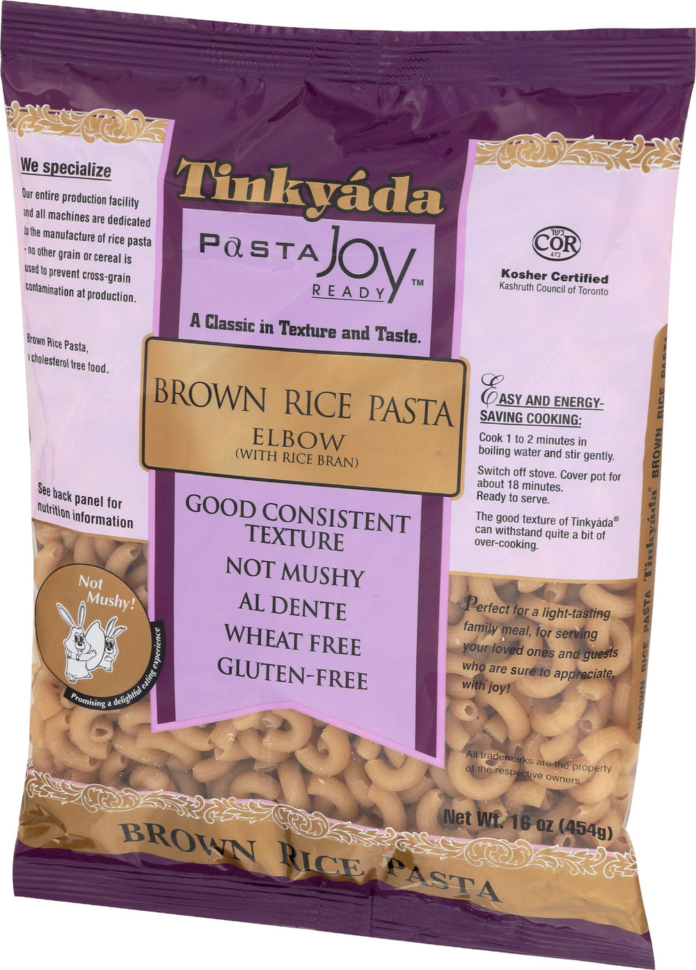 Tinkyada brown rice elbow pasta dry bundle for pantry shelf.