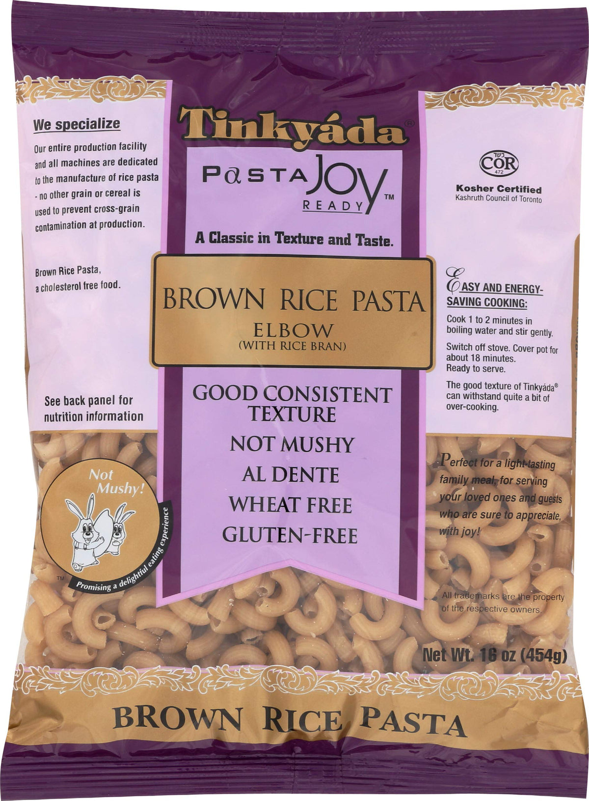 Tinkyada brown rice elbow pasta packaging shows dedicated rice pasta facility.