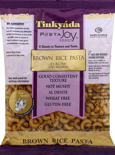 Tinkyada brown rice elbow pasta steaming in bowl with aroma.