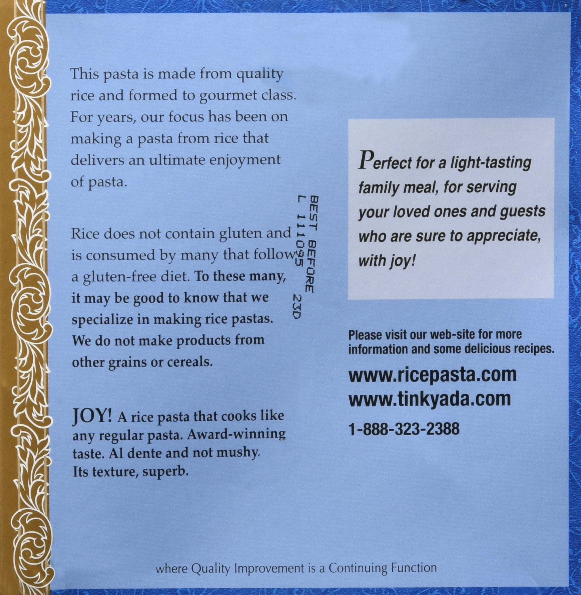 Tinkyada ingredients reveal brown rice and rice bran for wholesome pasta