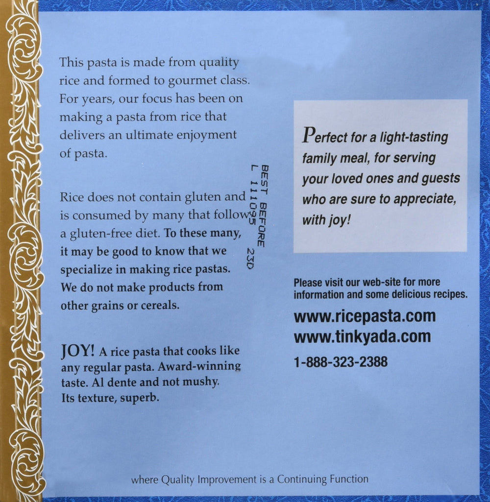 Tinkyada ingredients reveal brown rice and rice bran for wholesome pasta