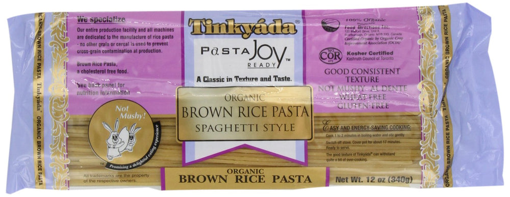 Tinkyada brown rice pasta spaghetti in six-pack, gluten-free and organic.