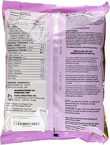 Tinkyada Canada-origin label on pasta box highlighting quality.