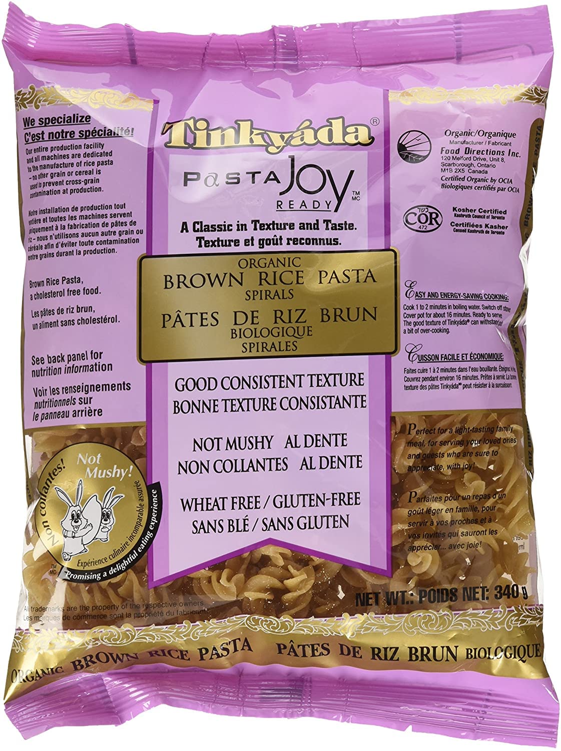 Tinkyada gluten-free organic brown rice pasta spirals on package for easy meals.