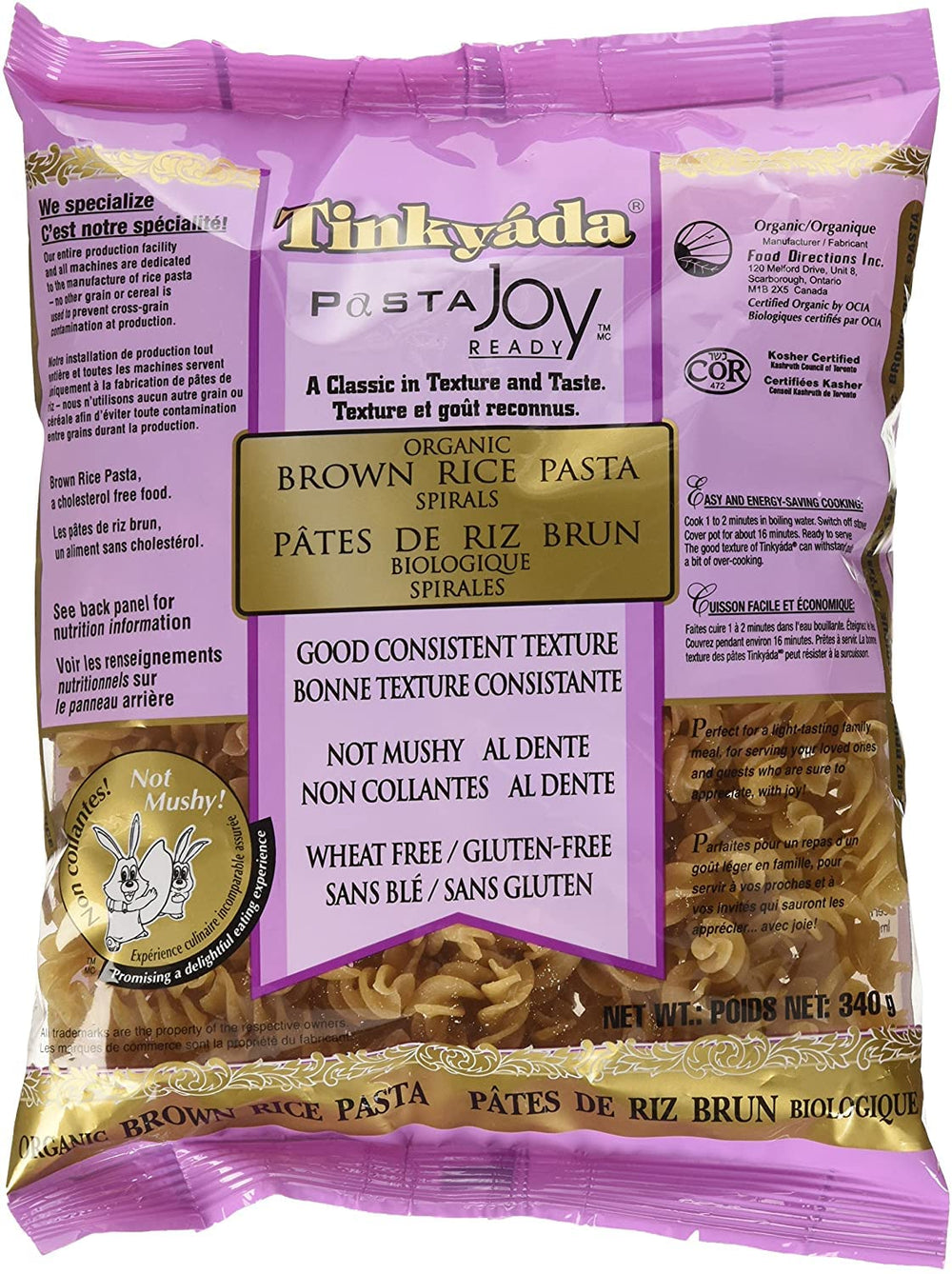 Tinkyada gluten-free organic brown rice pasta spirals on package for easy meals.