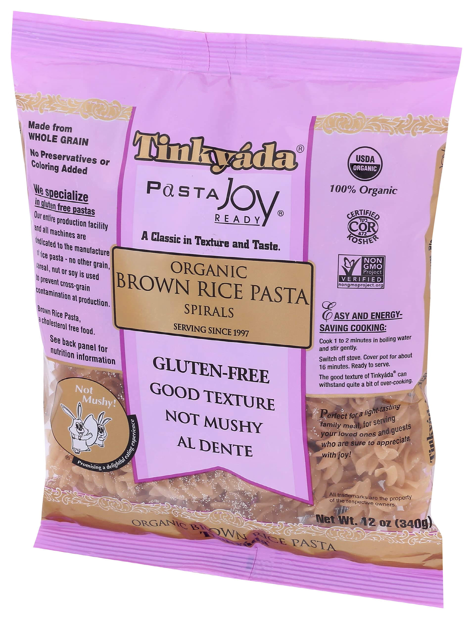 Nutrition label shows gluten-free attributes for Tinkyada pasta.