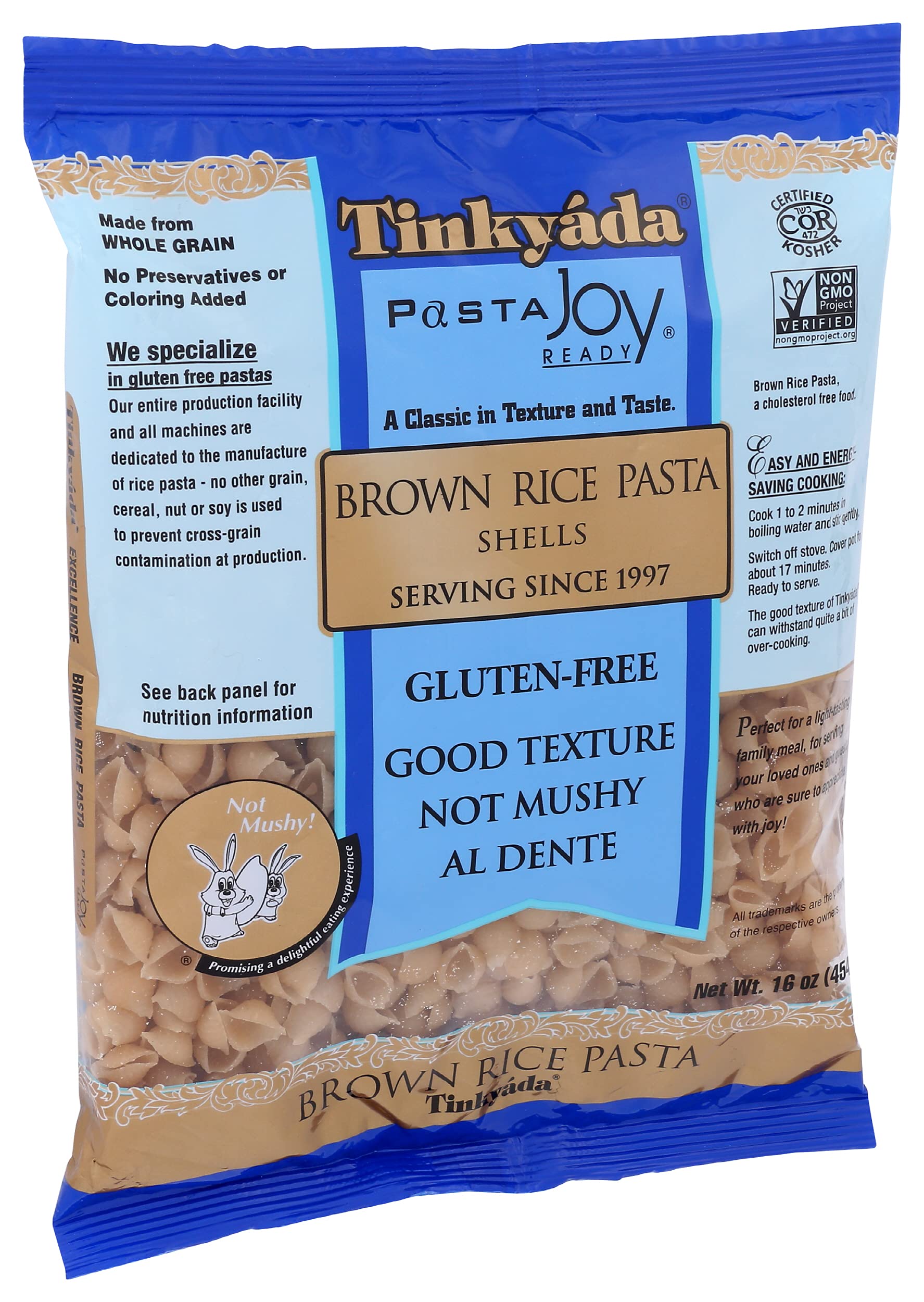 Tinkyada Shell Brown Rice Pasta cooking-ready shot emphasizes quick meals