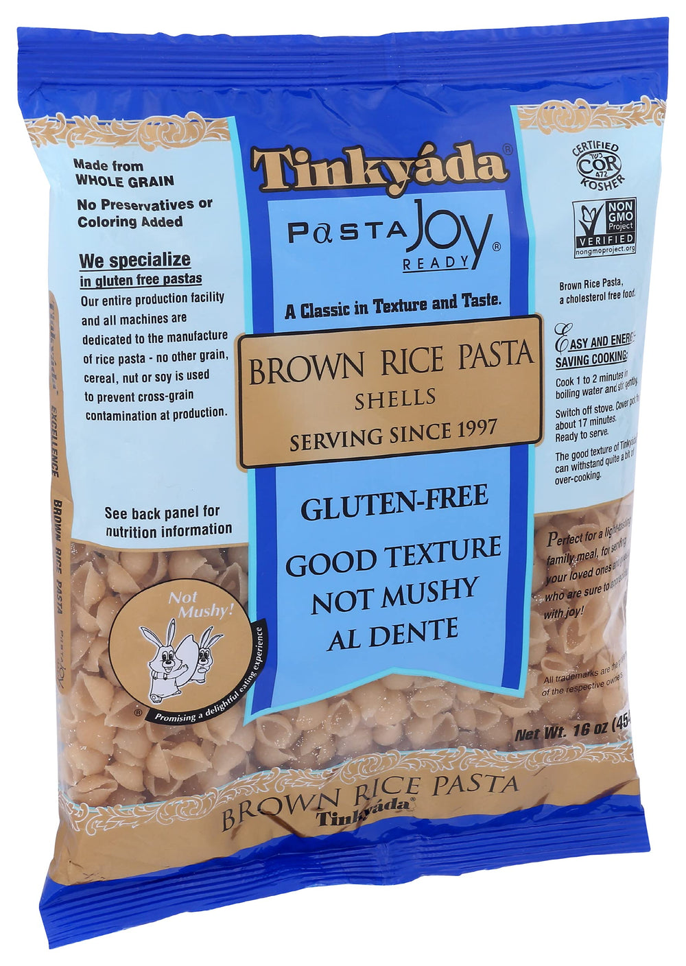 Tinkyada Shell Brown Rice Pasta cooking-ready shot emphasizes quick meals