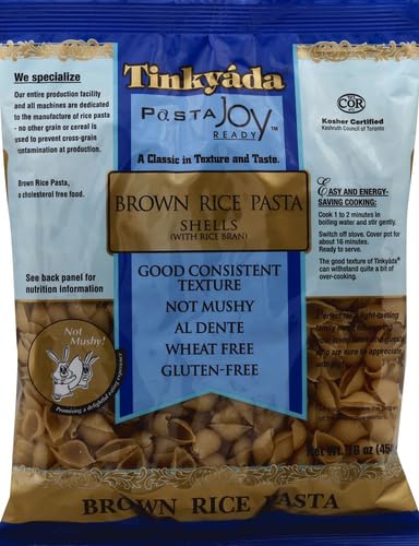 Tinkyada Shell Brown Rice Pasta uncooked noodles closeup showing texture