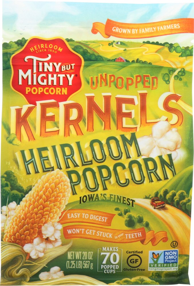 Tiny But Mighty Heirloom Popcorn packaging showcases premium kernels for snacking.