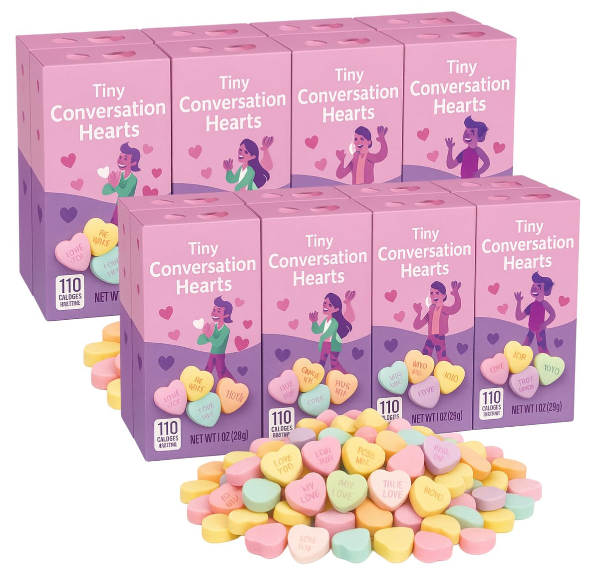 Tiny Conversation Hearts variety pack display with bright, shareable colors.