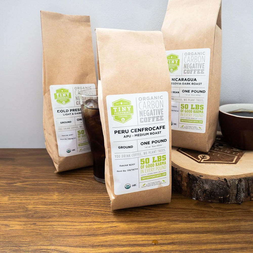 Home kitchen setup with Tiny Footprint Coffee bag ready to brew