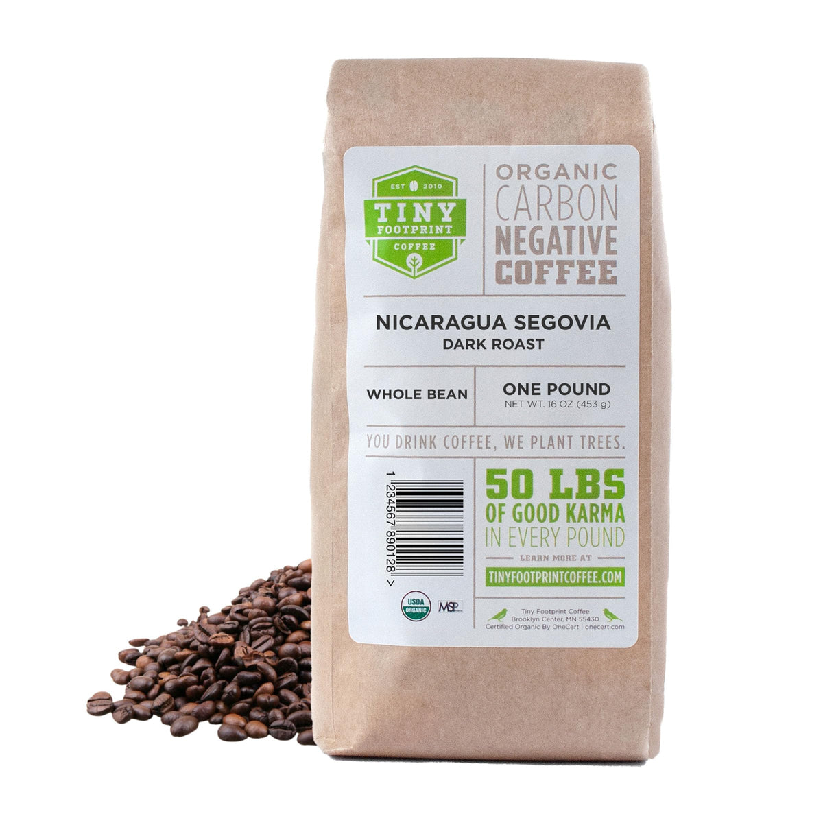 Tiny Footprint Coffee organic Nicaragua Segovia bag highlighting sustainable farming and fair trade.