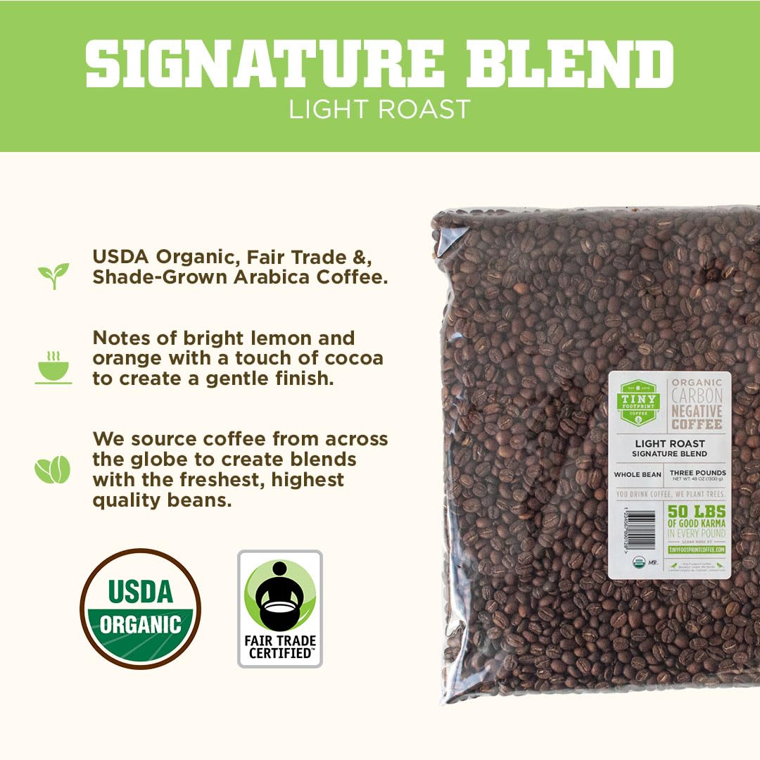 Tiny Footprint Coffee Signature Blend Light Roast steam rising from a cup with inviting aroma
