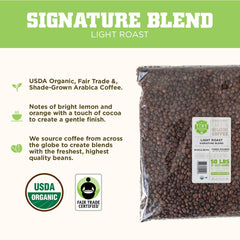 Tiny Footprint Coffee Signature Blend Light Roast steam rising from a cup with inviting aroma