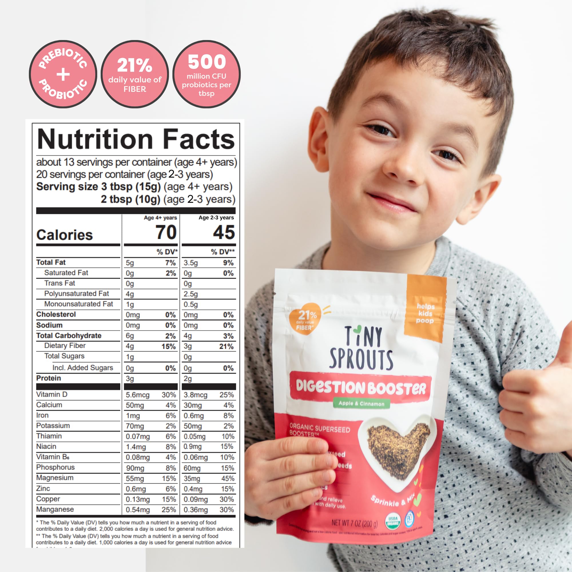 Tiny Sprouts apple and cinnamon blend with probiotic label for kids.
